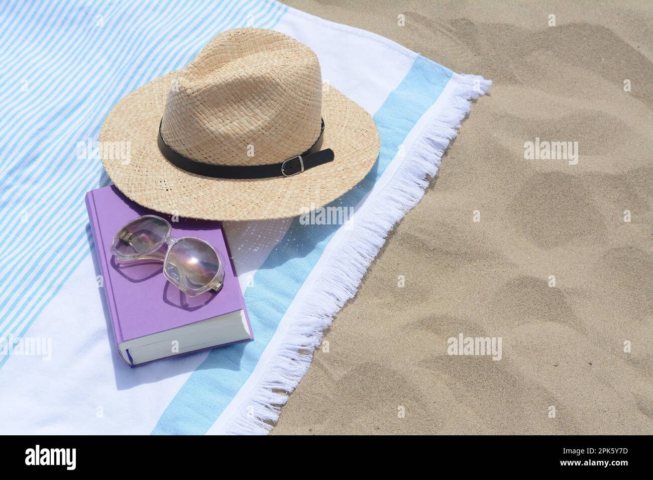 Beach towel with book, sunglasses and straw hat on sand, space for text ...
