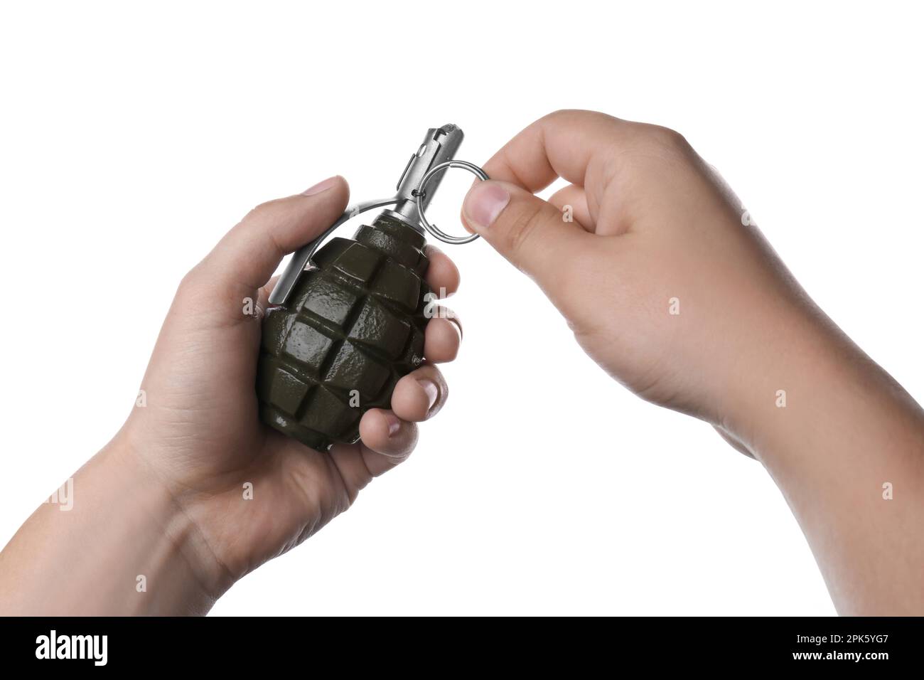 Man pulling safety pin out of hand grenade on white background, closeup