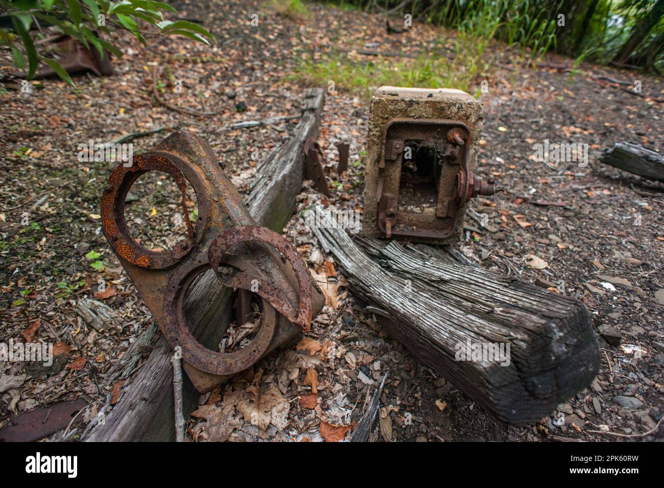 Broken dwarf signal at an abandoned railyard in Connecticut Stock Photo