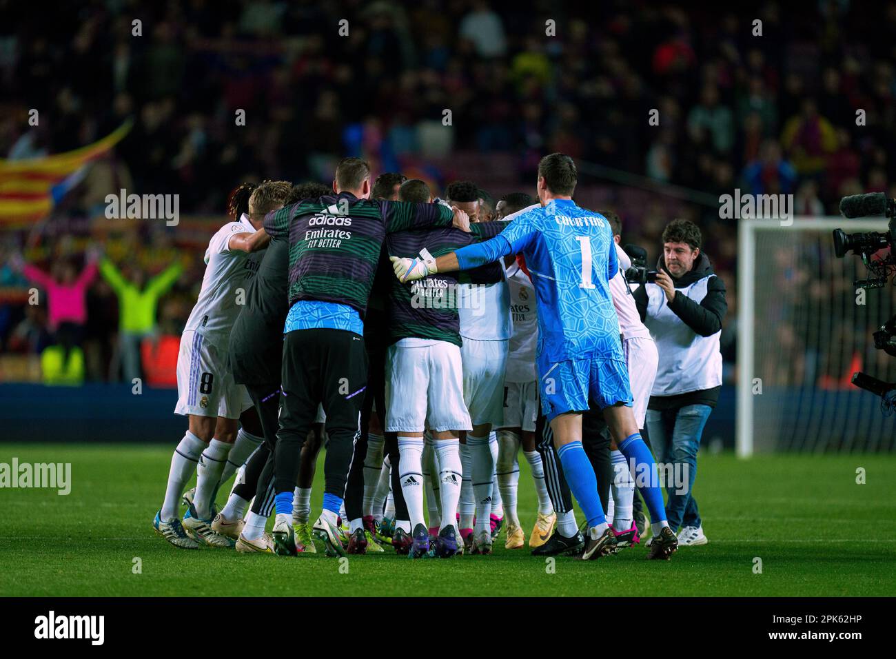 Barcelona, Spain. 5th Apr, 2023. Players of Real Madrid celebrate victory after the King's Cup semifinal second leg match between FC Barcelona and Real Madrid in Barcelona, Spain, April 5, 2023. Credit: Joan Gosa/Xinhua/Alamy Live News Stock Photo