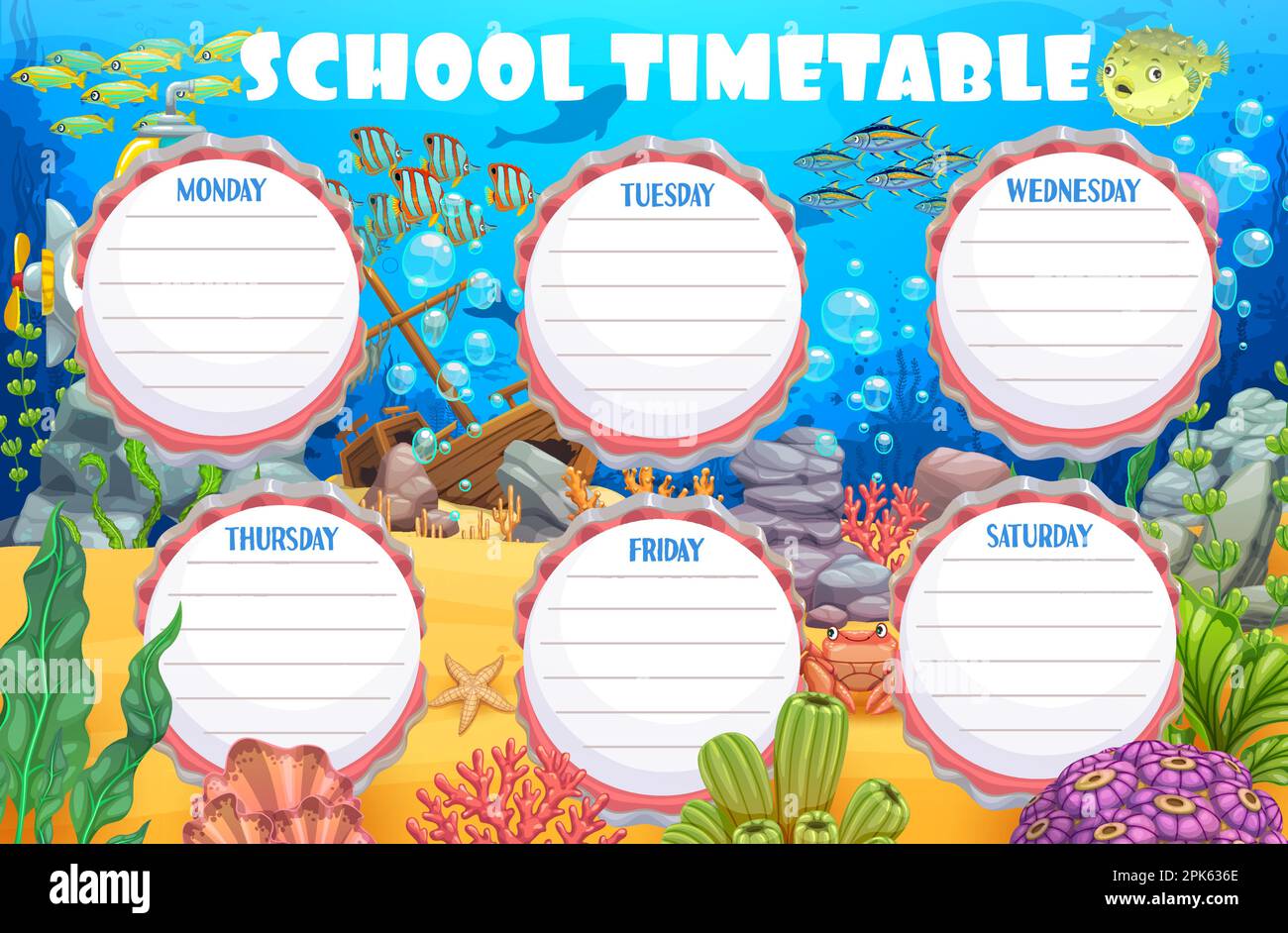 Timetable schedule, underwater landscape and cartoon animals. Education