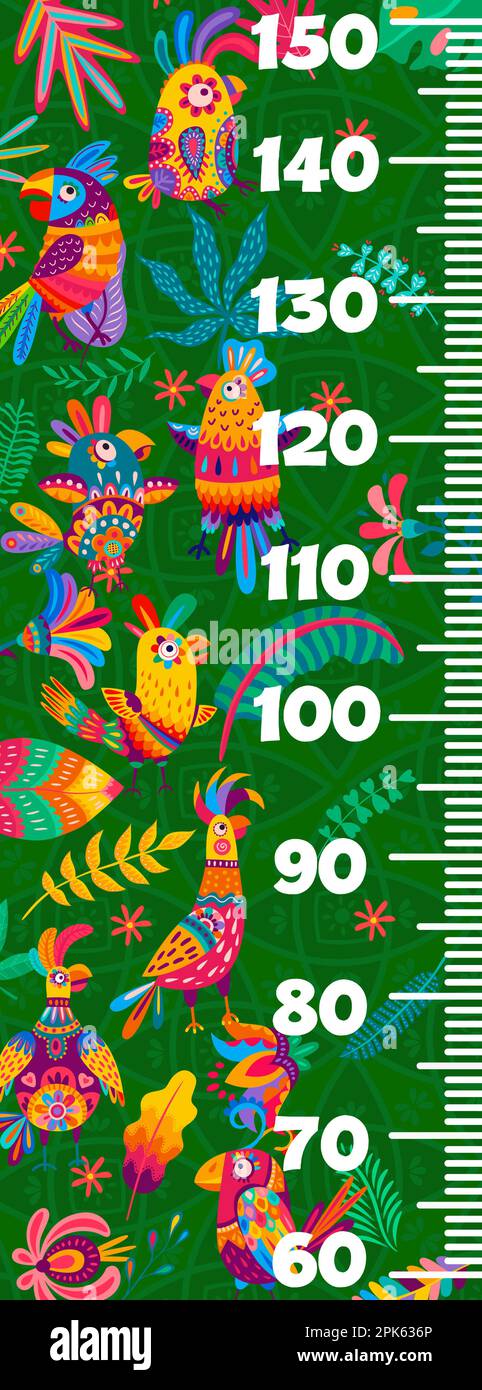 Kids height chart ruler. Cartoon brazilian and mexican parrots in jungle vector meter. Measure scale with exotic birds, tropical plants and flowers fo Stock Vector