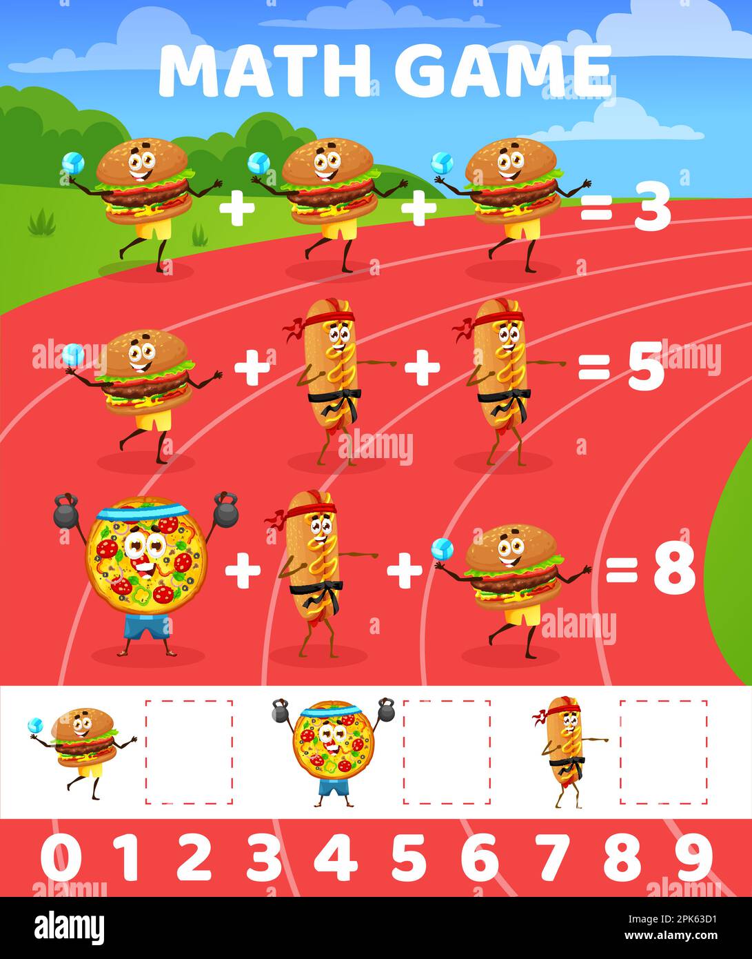 Cartoon Fast Food Sportsman Characters On Running Track Math Game Worksheet Vector Fast Food