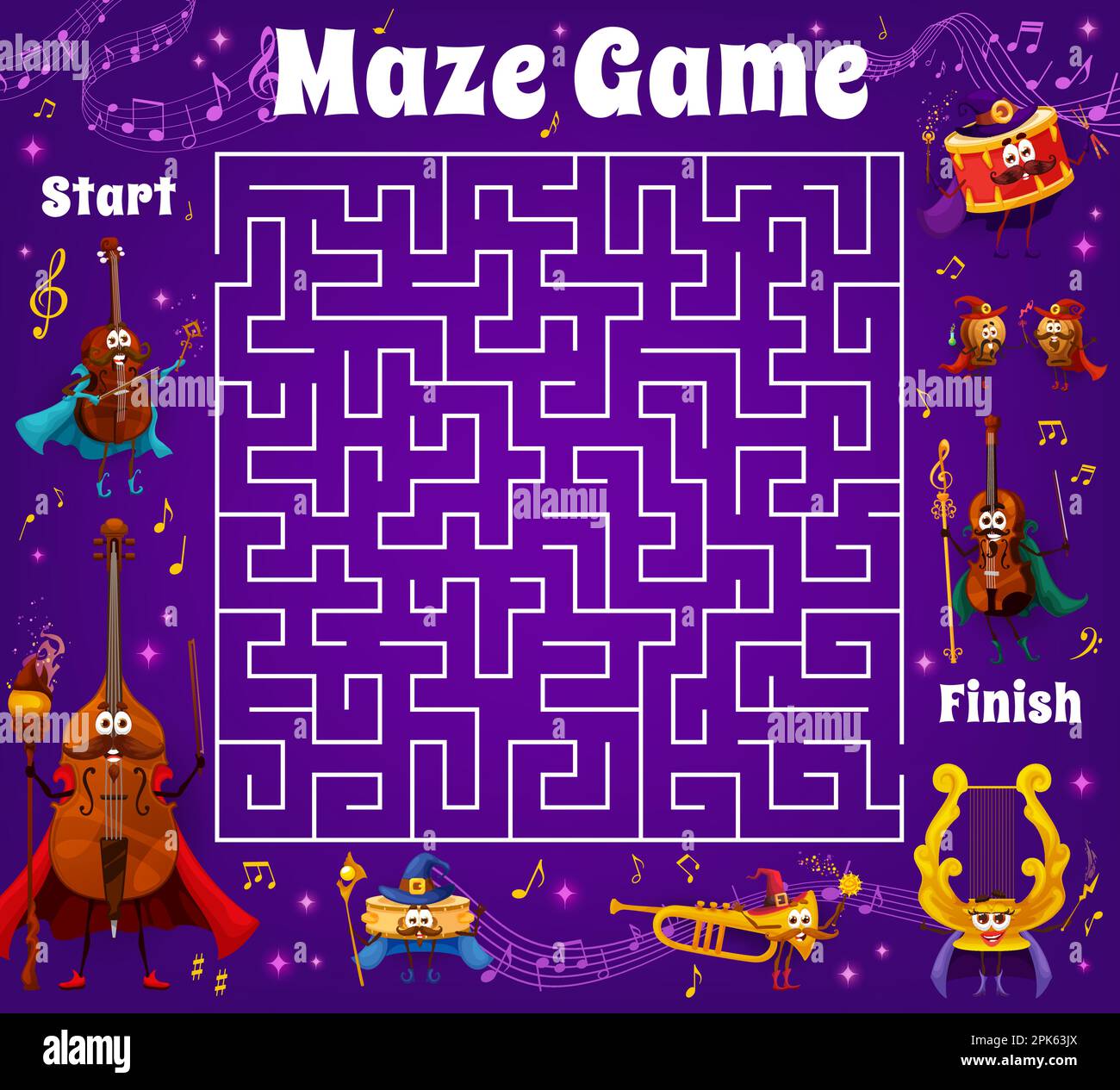 Labyrinth maze game wizard musical instrument characters, sound waves