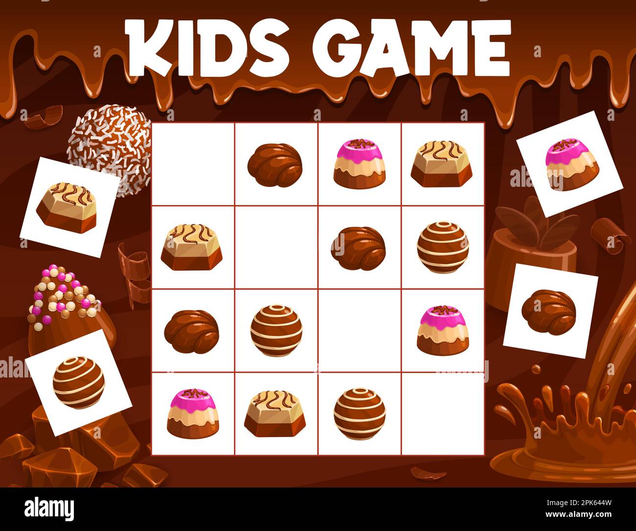 Sudoku game, chocolate praline and fudge candy, souffle, truffle and