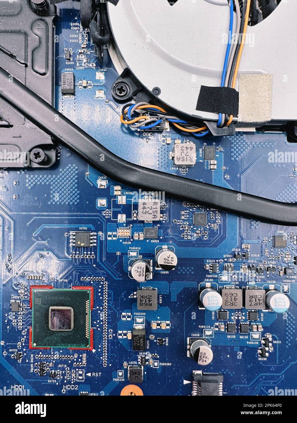 Blue laptop motherboard to use as a background to tell a story related