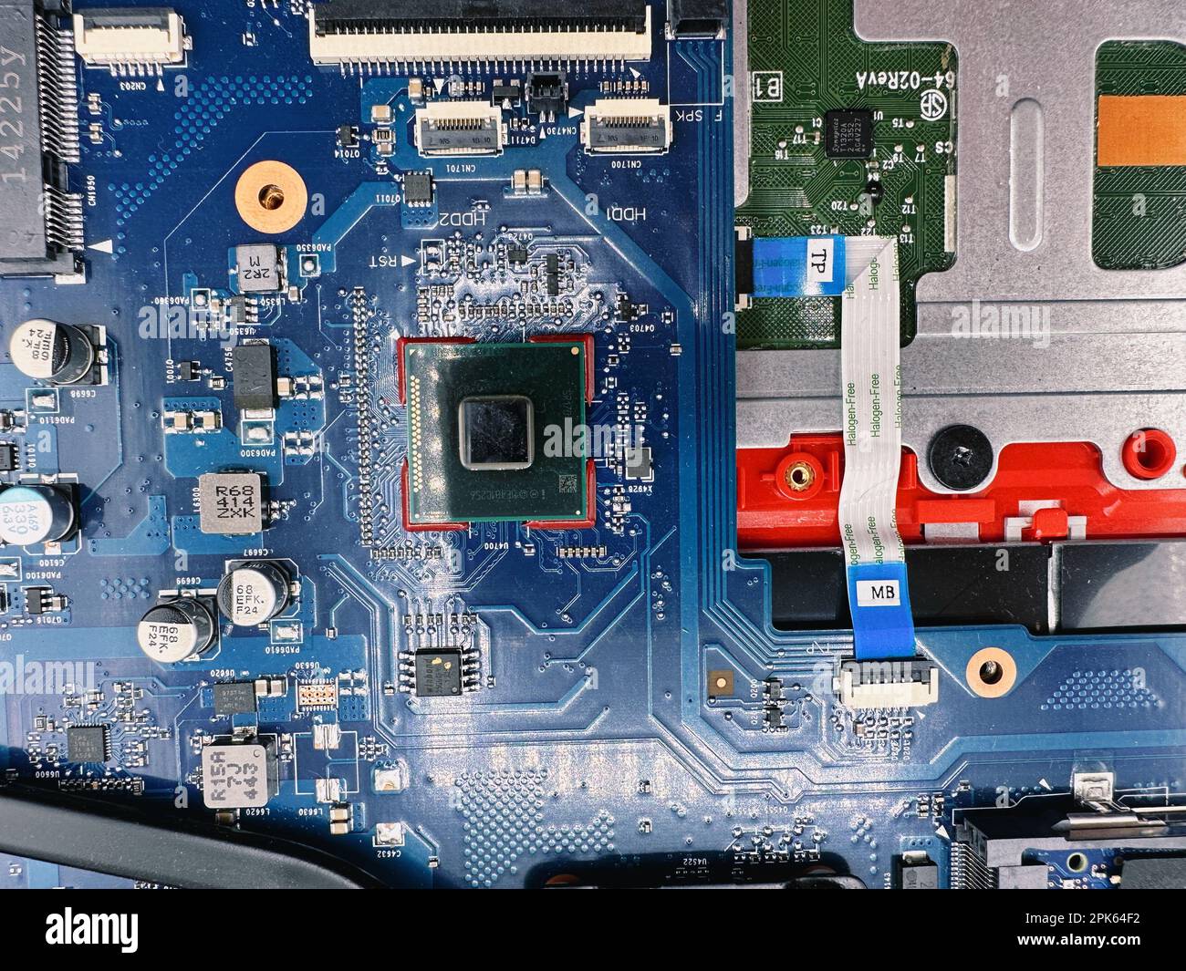 Blue laptop motherboard to use as a background to tell a story related