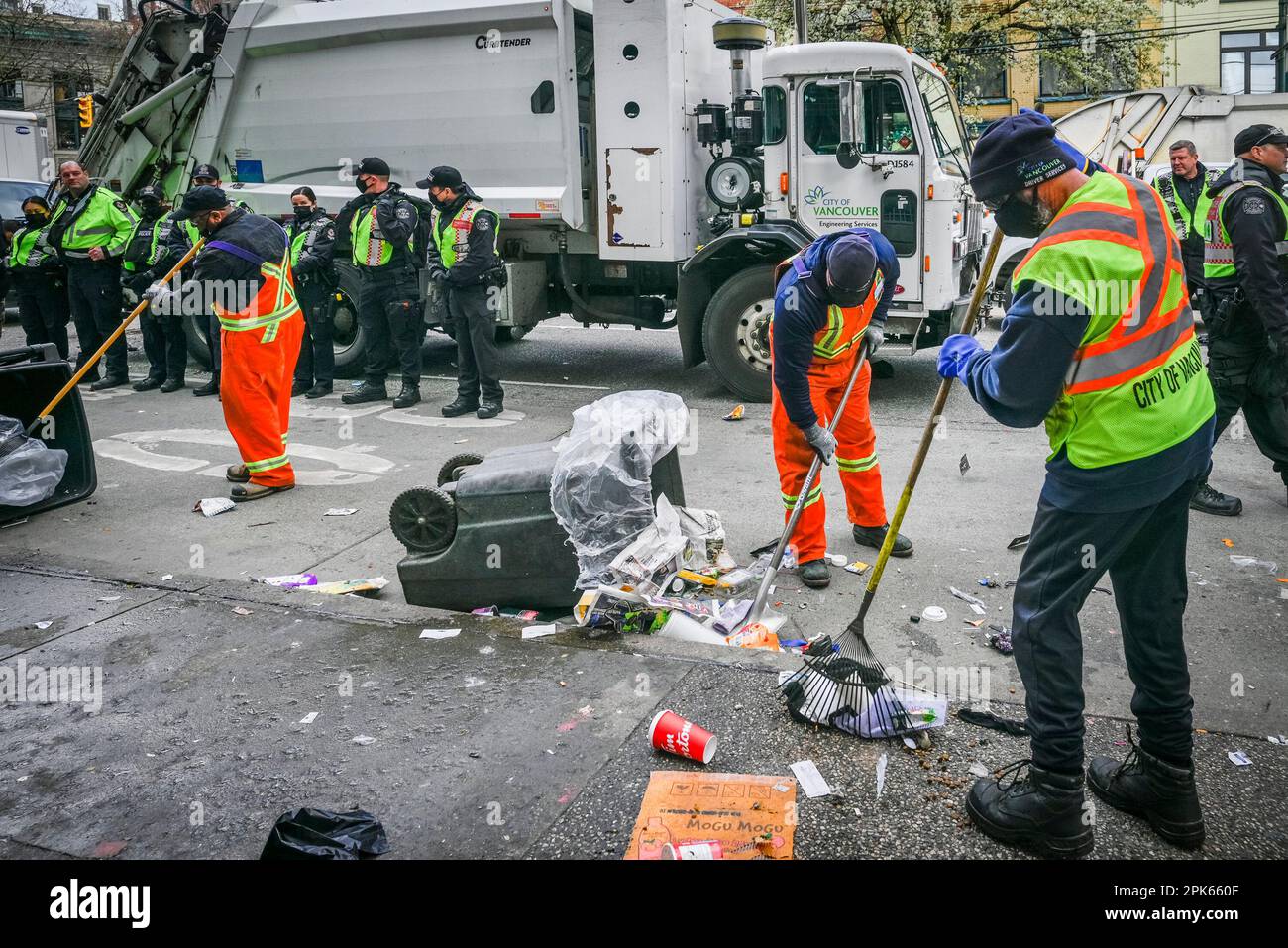 Removal of Homeless peoples tents, shelters by city workers with Police presence, Hastings St