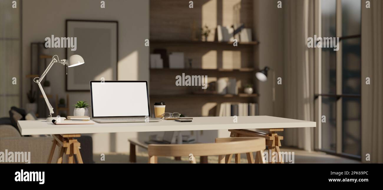 Picture of Minimal Scandinavian home office workspace interior design with laptop ...