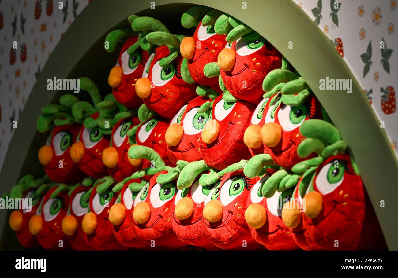 wustermark-germany-04th-apr-2023-plush-caterpillars-lie-in-the