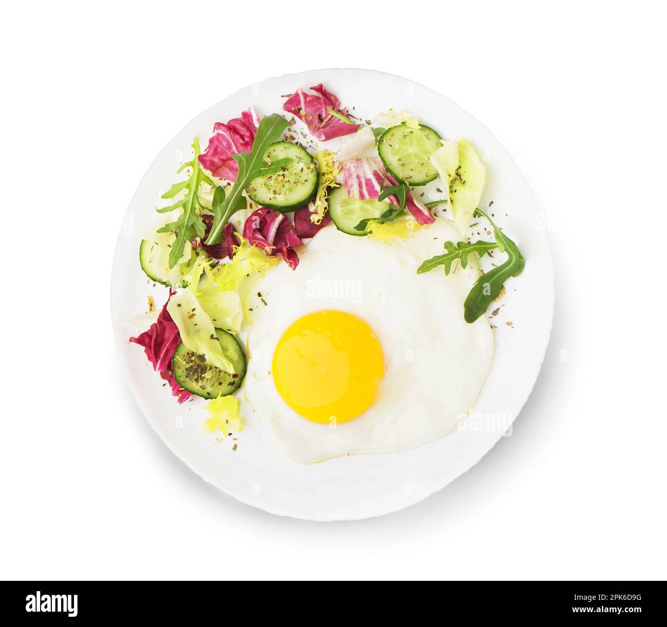 Plate with tasty fried egg and salad on white background Stock Photo ...