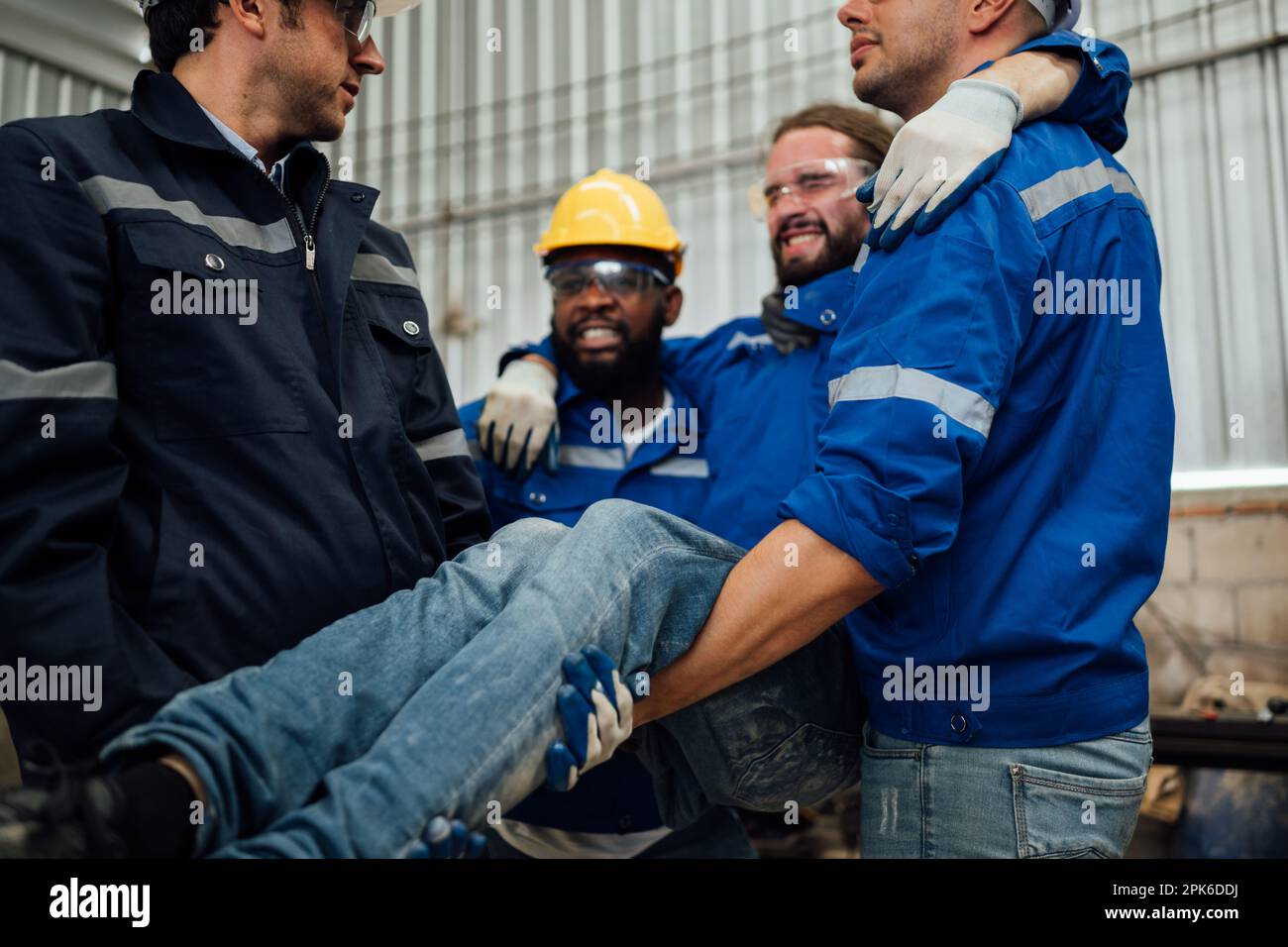 Engineer worker with accident at factory, Injury from machine working