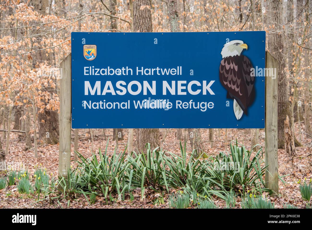 Entrance sign to the Elizabeth Hartwell Mason Neck national wildlife refuge, Fairfax County, Virginia, USA Stock Photo