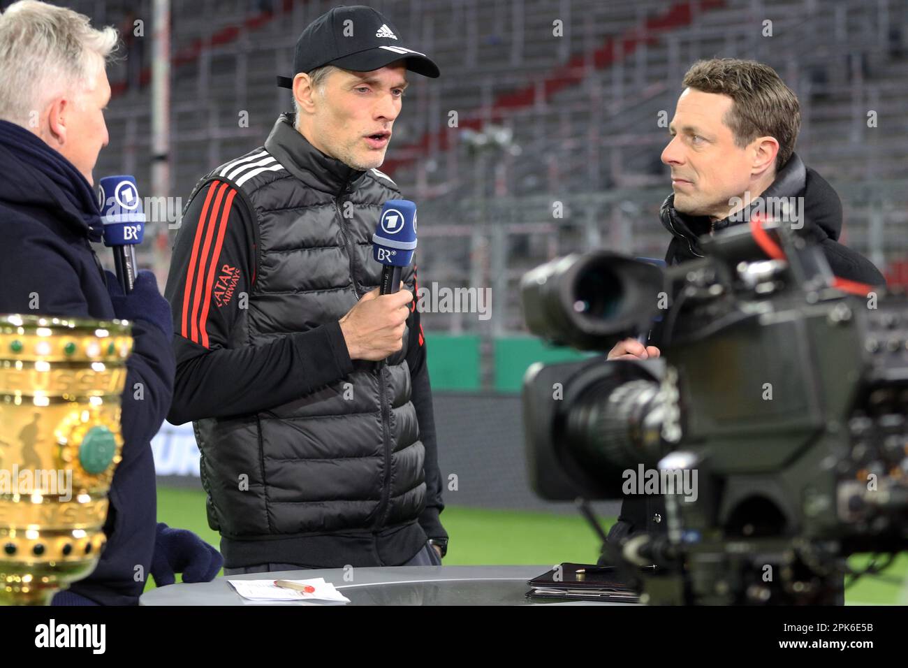 Munich, Germany . 04th Apr, 2023. MUNICH, GERMANY - APRIL 04: FcBayern  Coach, Trainer, Thomas TUCHEL in an interview with Bastian Schweinsteiger  and ARD Television reporter Alexander Bommes after the DFB Cup