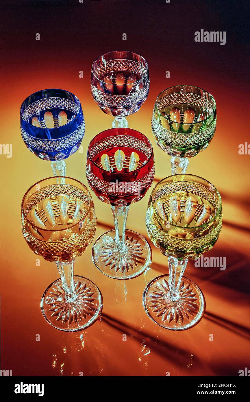 Coloured cut lead crystal glasses, Bavaria, Germany Stock Photo Alamy