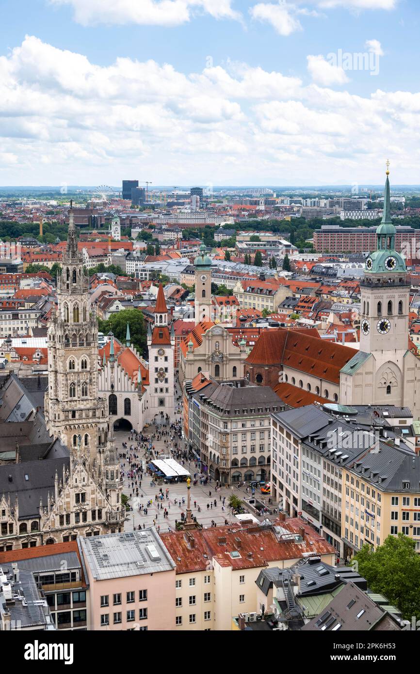 View over Munich, Marienplatz with Old and New Town Hall, Holy Spirit Church and St. Peters Church, Munich, Bavaria, Germany Stock Photo