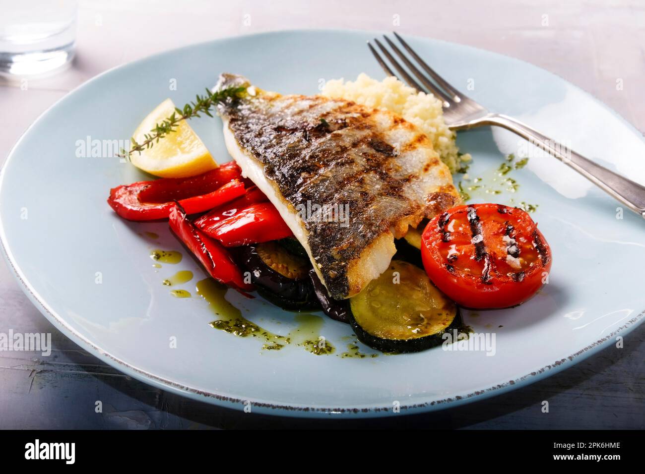 Sea bass with Mediterranean vegetables Stock Photo