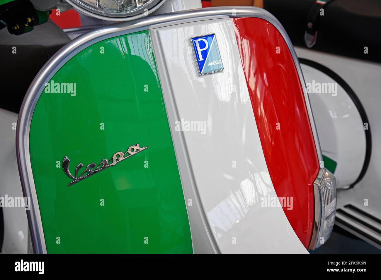 Logo, national colours, historic scooters, scooters, vehicles, Vespa, Museo Piaggio, Vespa, museum, Pontedera, province of Pisa, Tuscany, Italy Stock Photo