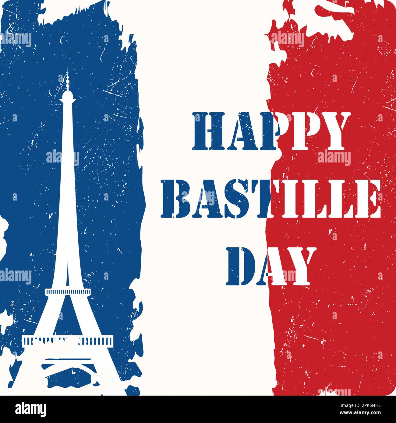 Happy Bastille Day, 14th of July brush stroke holiday greeting card in colors of the national flag of France with Eiffel tower, modern background illu Stock Vector