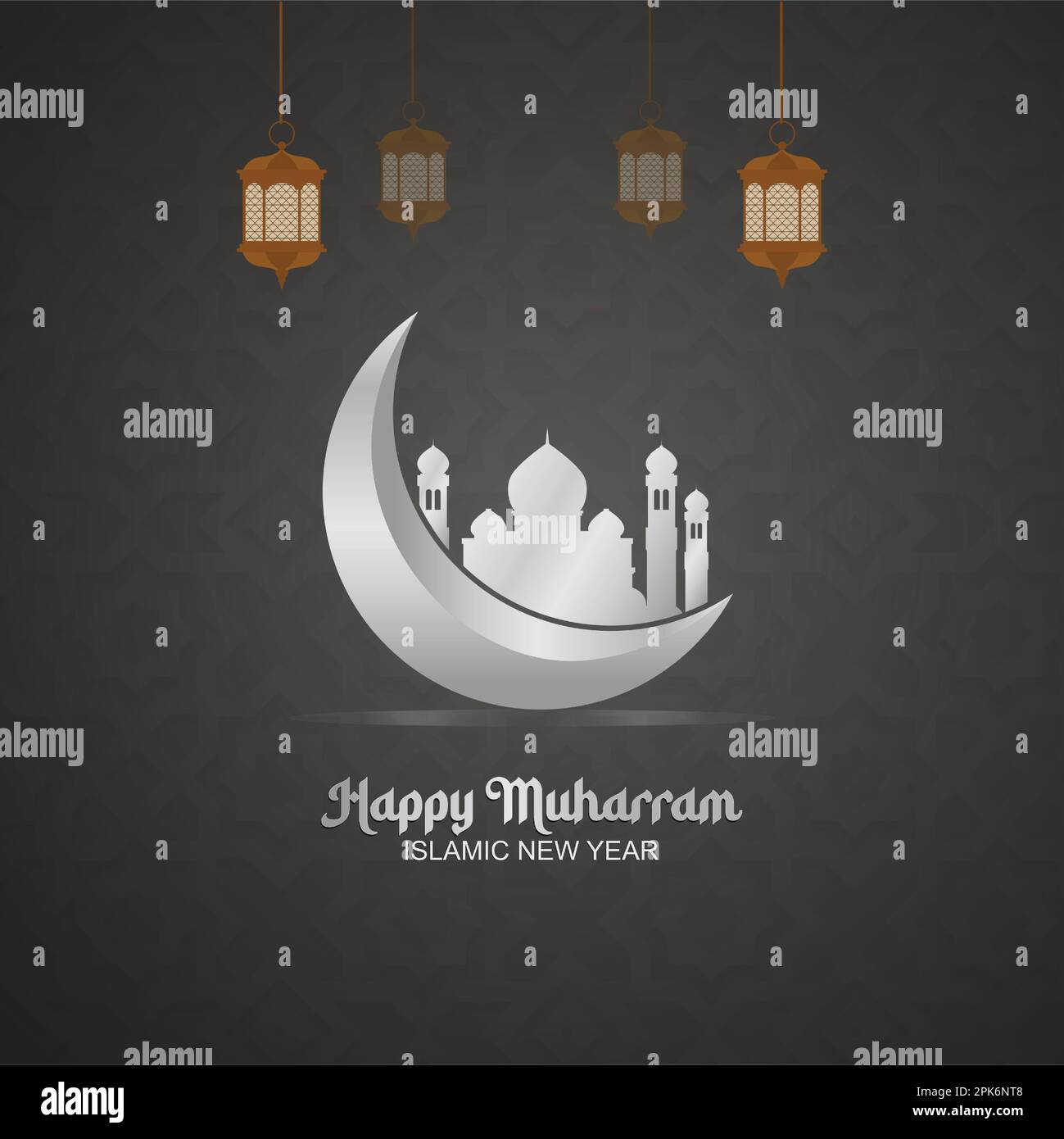 Islamic new year, happy muharram, vector with hanging lantern, half moon and mosque, modern background illustration Stock Vector
