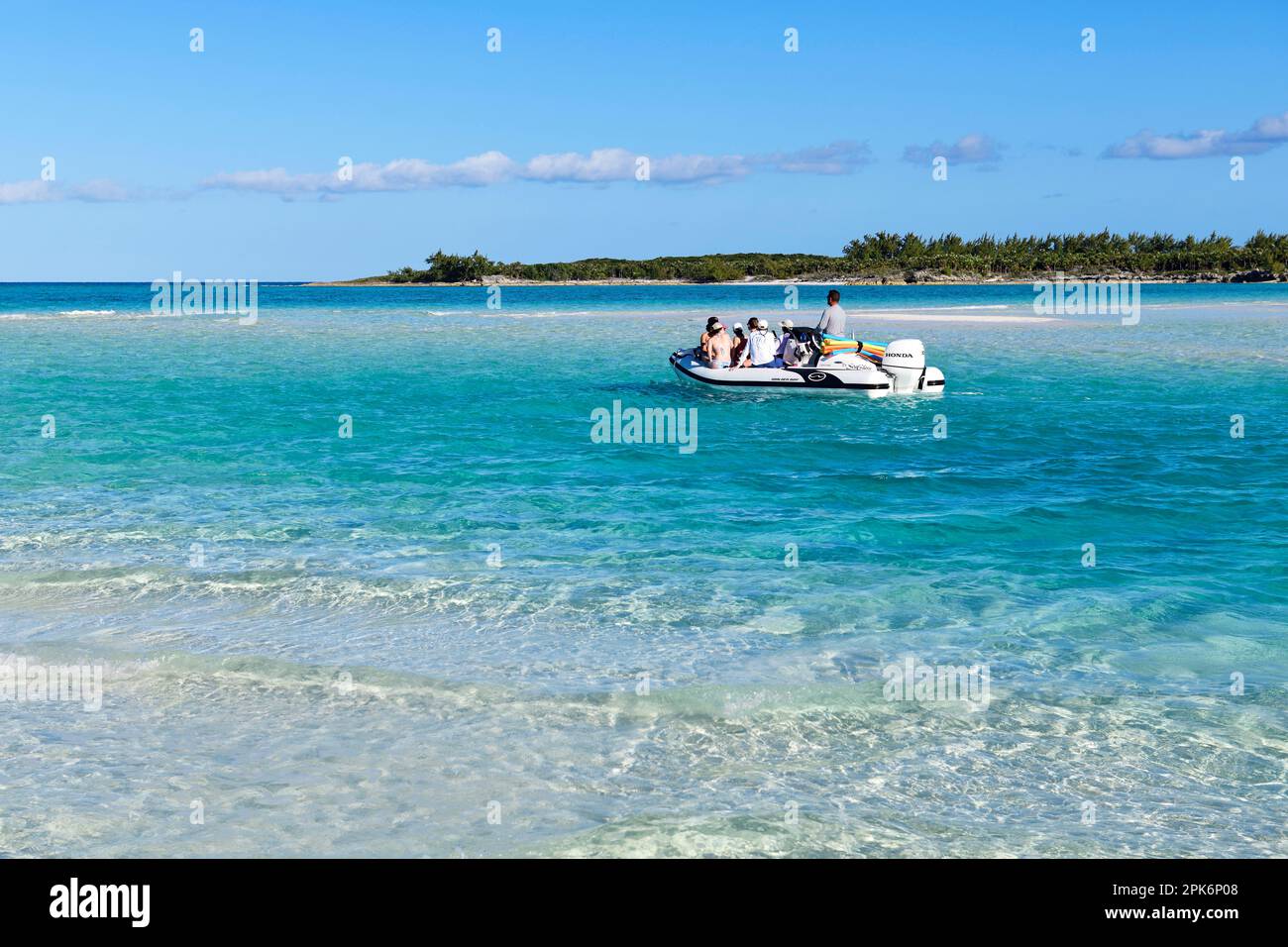 Small Motorboat at the Sea Channel Driftwood Beach, Shroud Cay, Exuma Cays, Bahamas Stock Photo