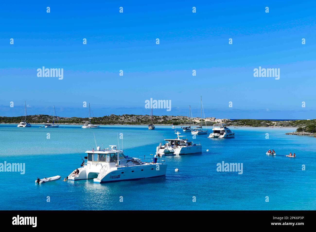 Sailboats and catamarans anchor off Warderick Wells, Bahamas and Exuma