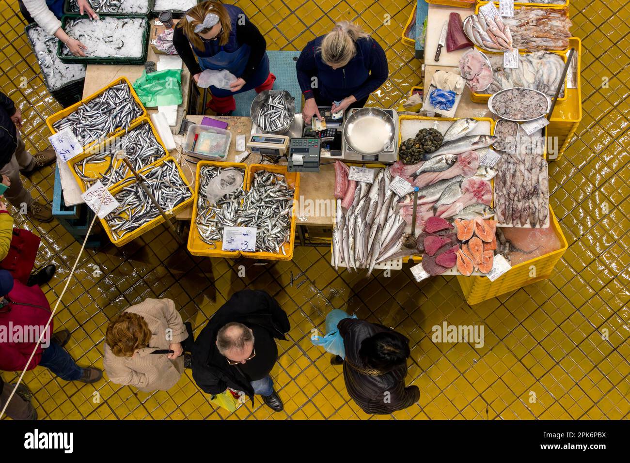 Birds eye view colour photo of a stall full of different fish (sardine