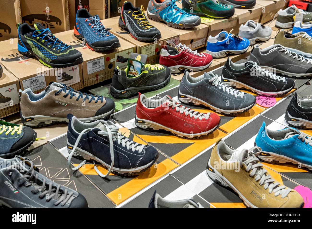 Sports shoes, leisure shoes, footwear at the trade fair stand of f.re.e, Trade Fair for Leisure Travel Experience, Munich, Upper Bavaria, Bavaria Stock Photo