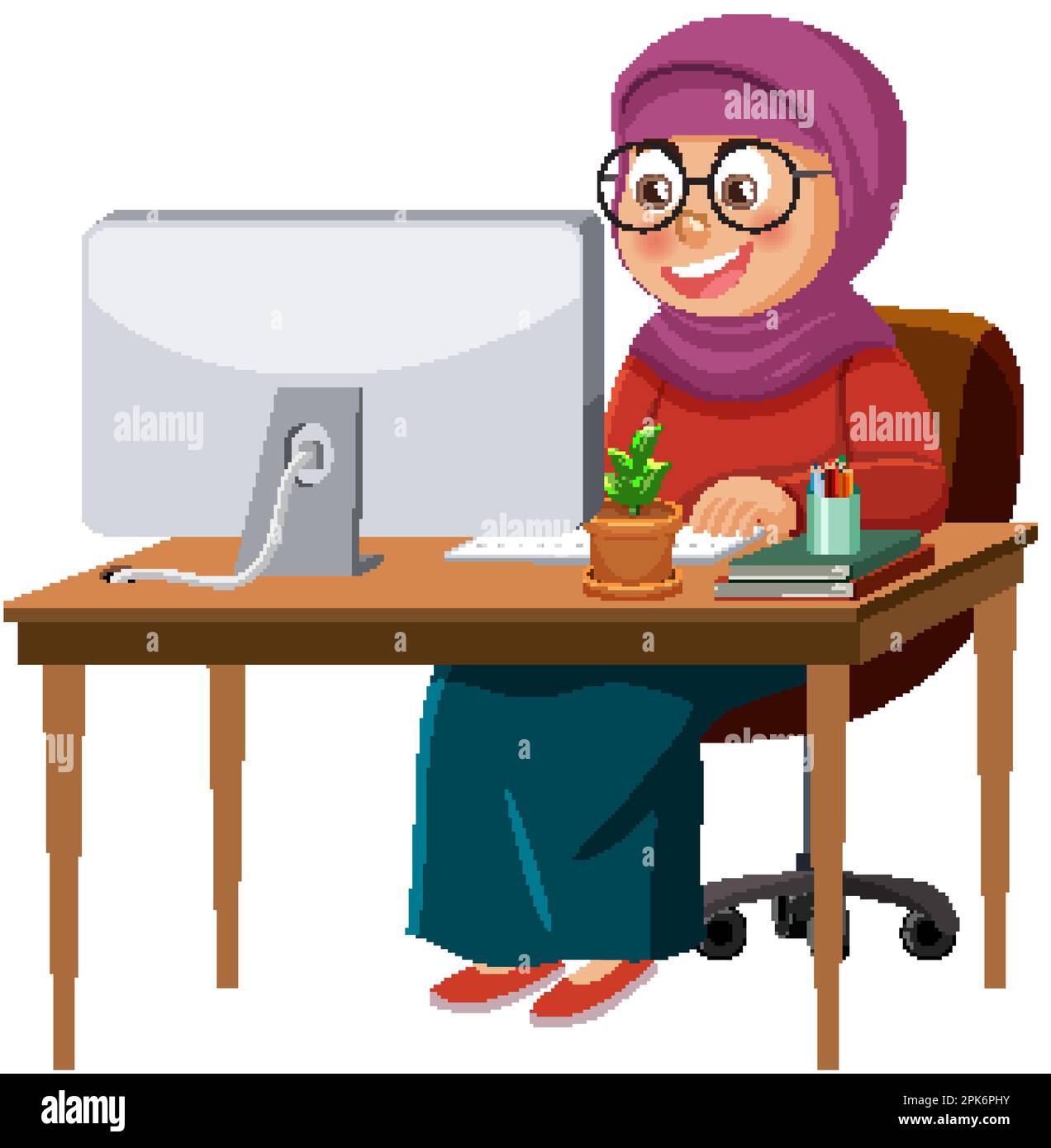 Muslim Girl Working at the Table Vector illustration Stock Vector Image ...