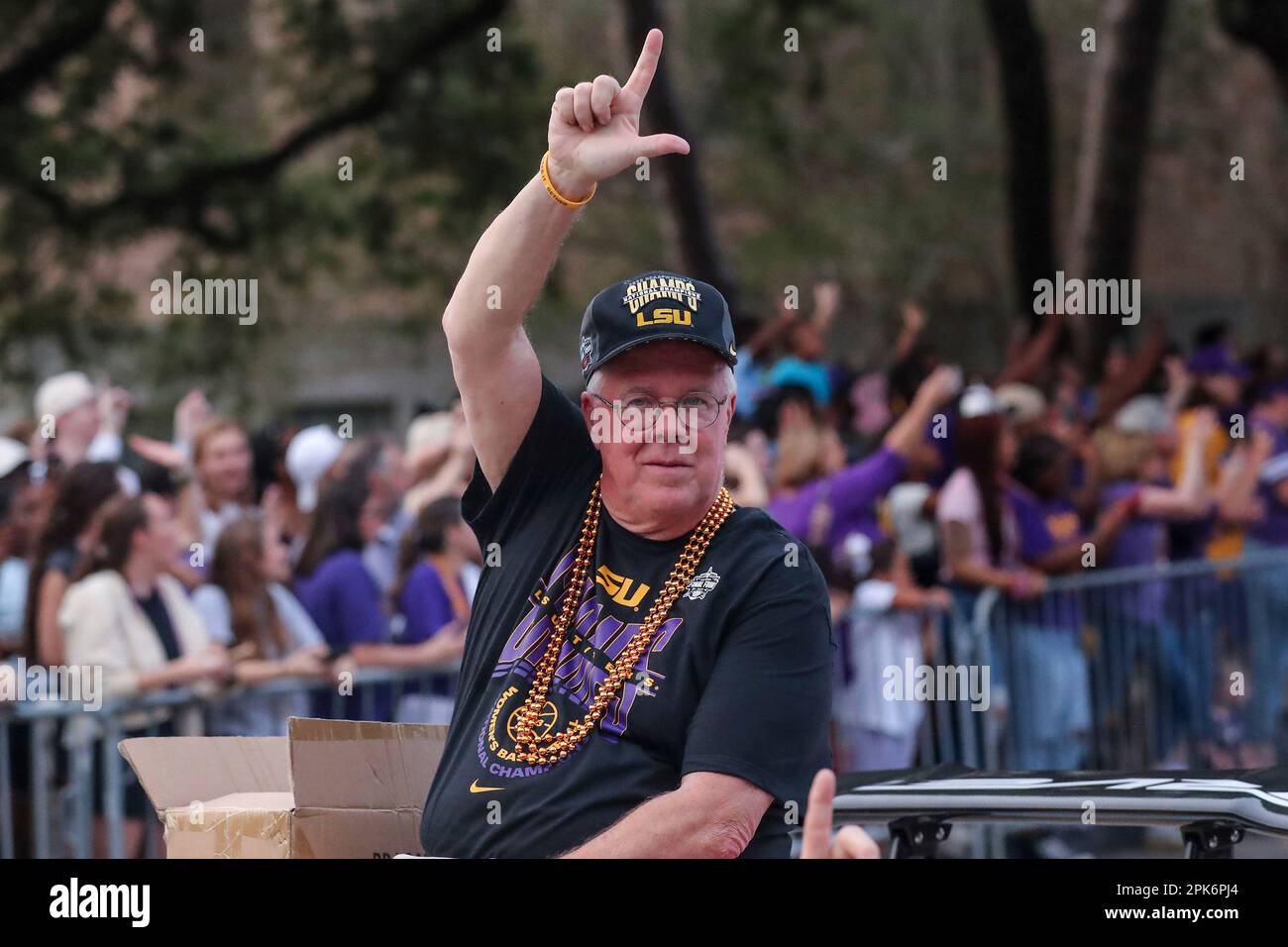 April 5, 2023 LSU Assistant Coach Bob Starkey holds up the L sign