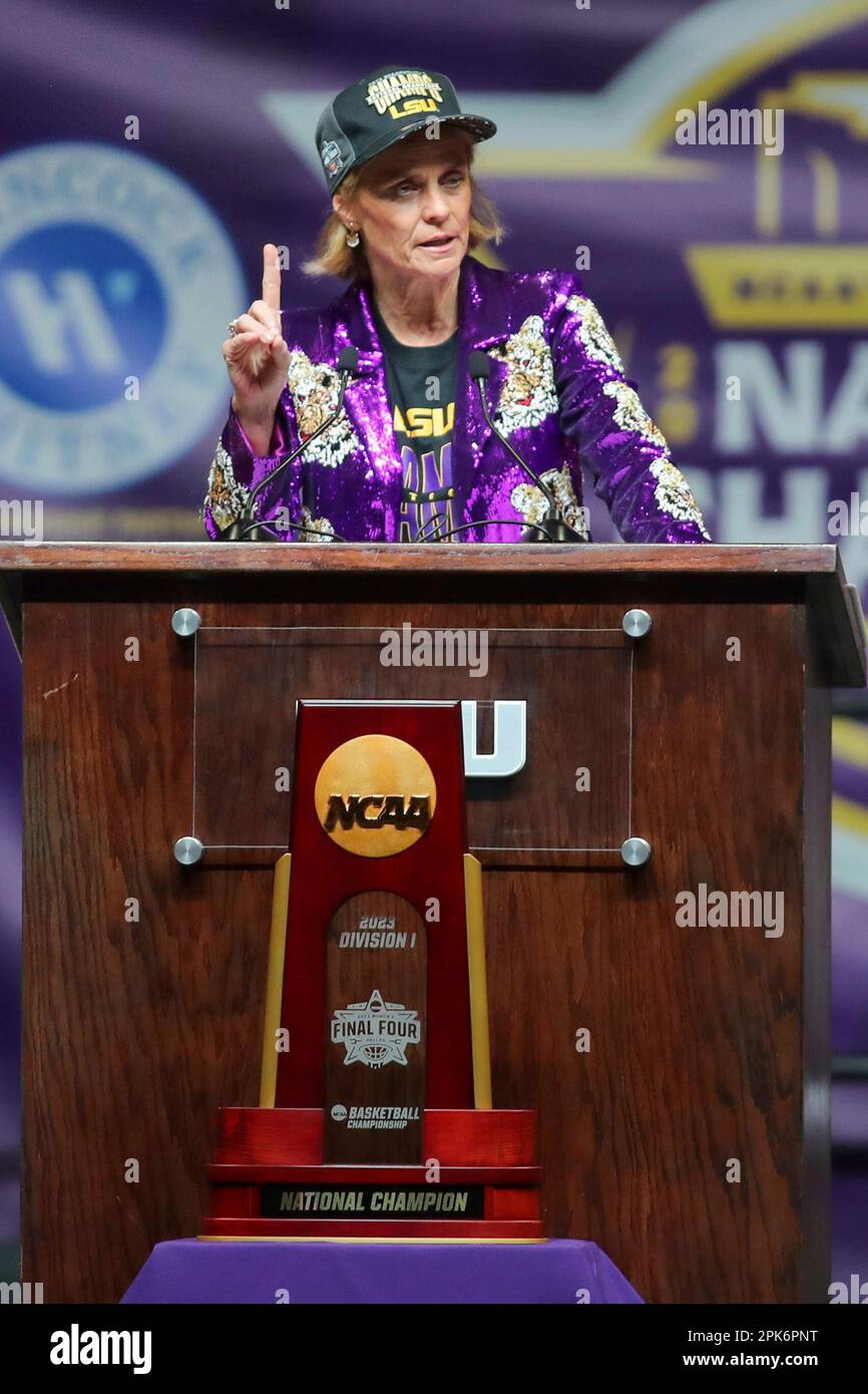 April 5, 2023 LSU Head Coach Kim Mulkey speaks to the crowd during LSU