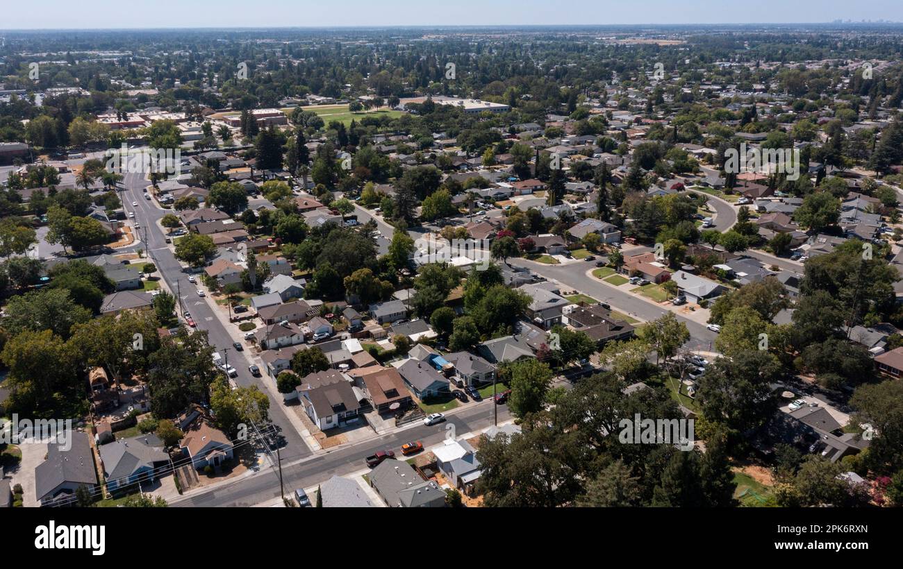 Afternoon aerial view of a suburban neighborhood of Elk Grove