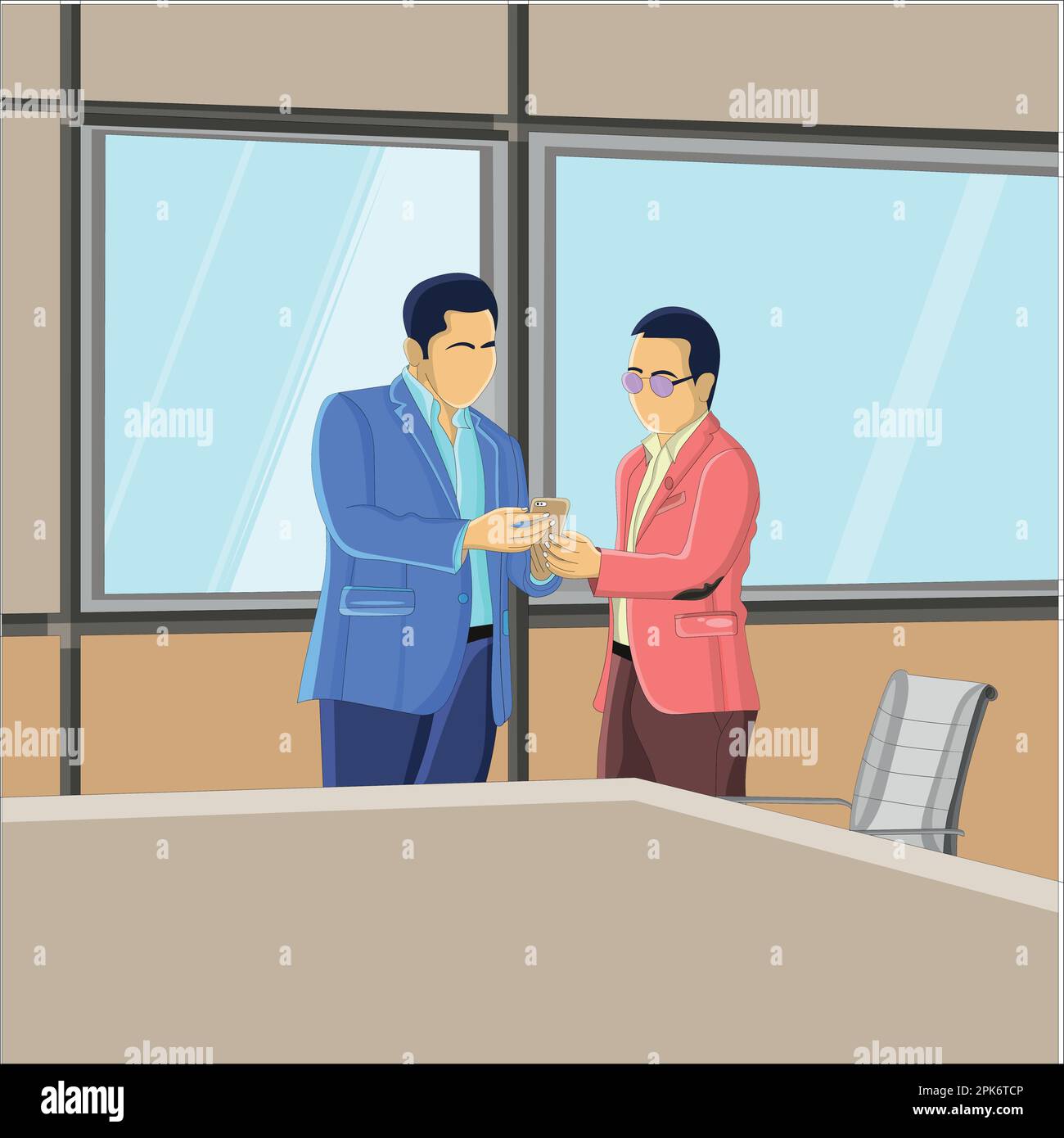 Vector two men discuss while looking at the phone at office room flat vector illustration image Stock Vector