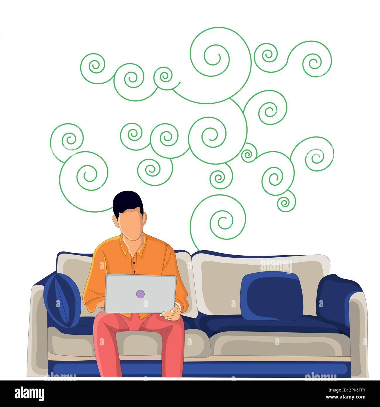 Vector student sitting on the sofa and working with his laptop on his lap flat vector illustration design Stock Vector