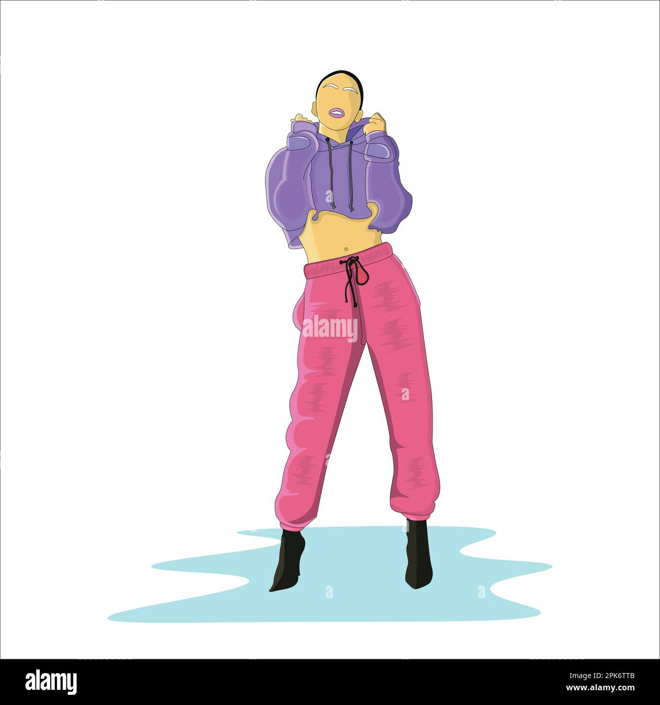 Vector fashionable girl wearing winter crop hoodie with puffer pant flat vector illustration design Stock Vector