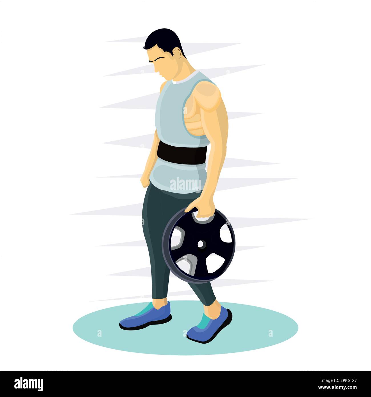 Vector man lifting weight plate with one hand flat vector illustration