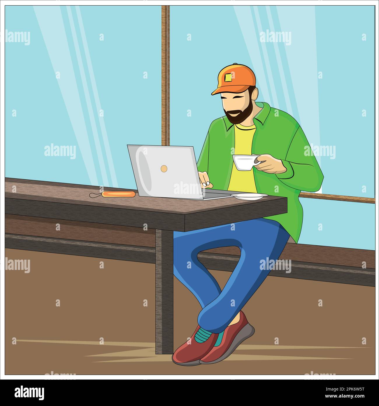 Vector man working with his lap while drinking coffee at cafe flat vector illustration design Stock Vector
