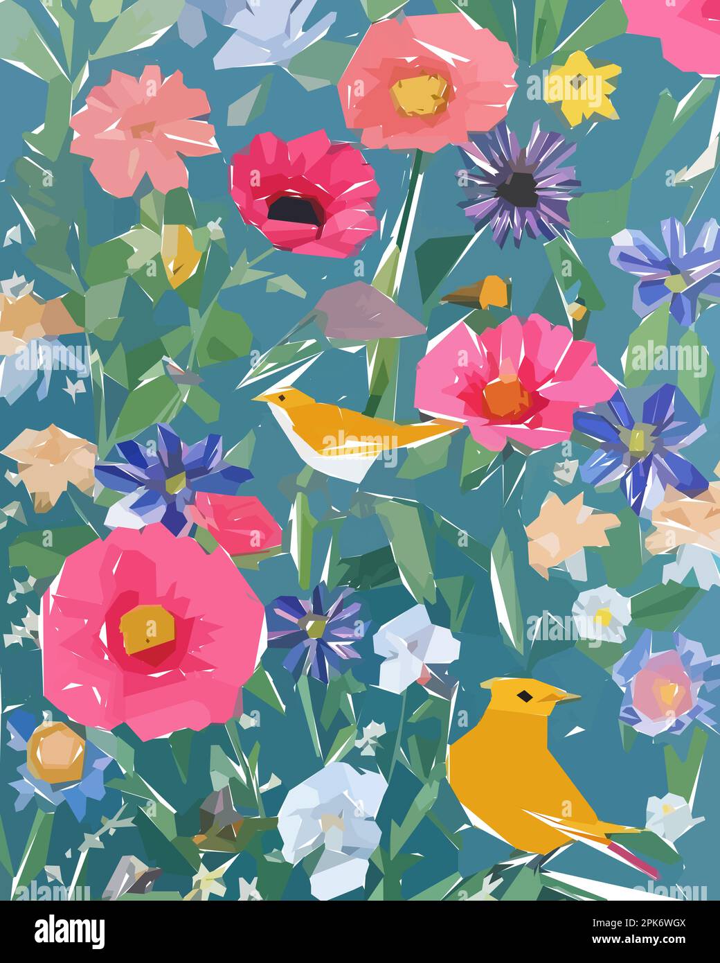 Floral background with flowers, birds and leaves. Vector illustration ...