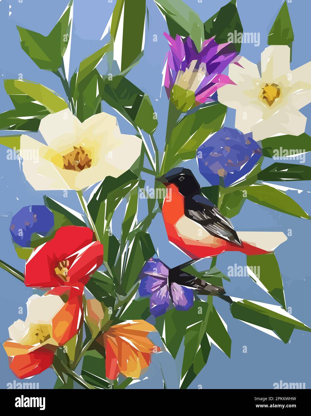 Floral background with flowers, birds and leaves. Vector illustration ...