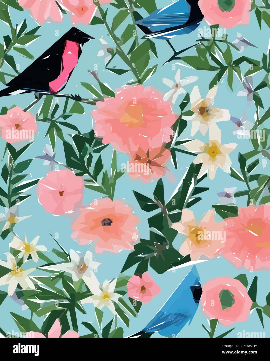 Floral background with flowers, birds and leaves. Vector illustration ...