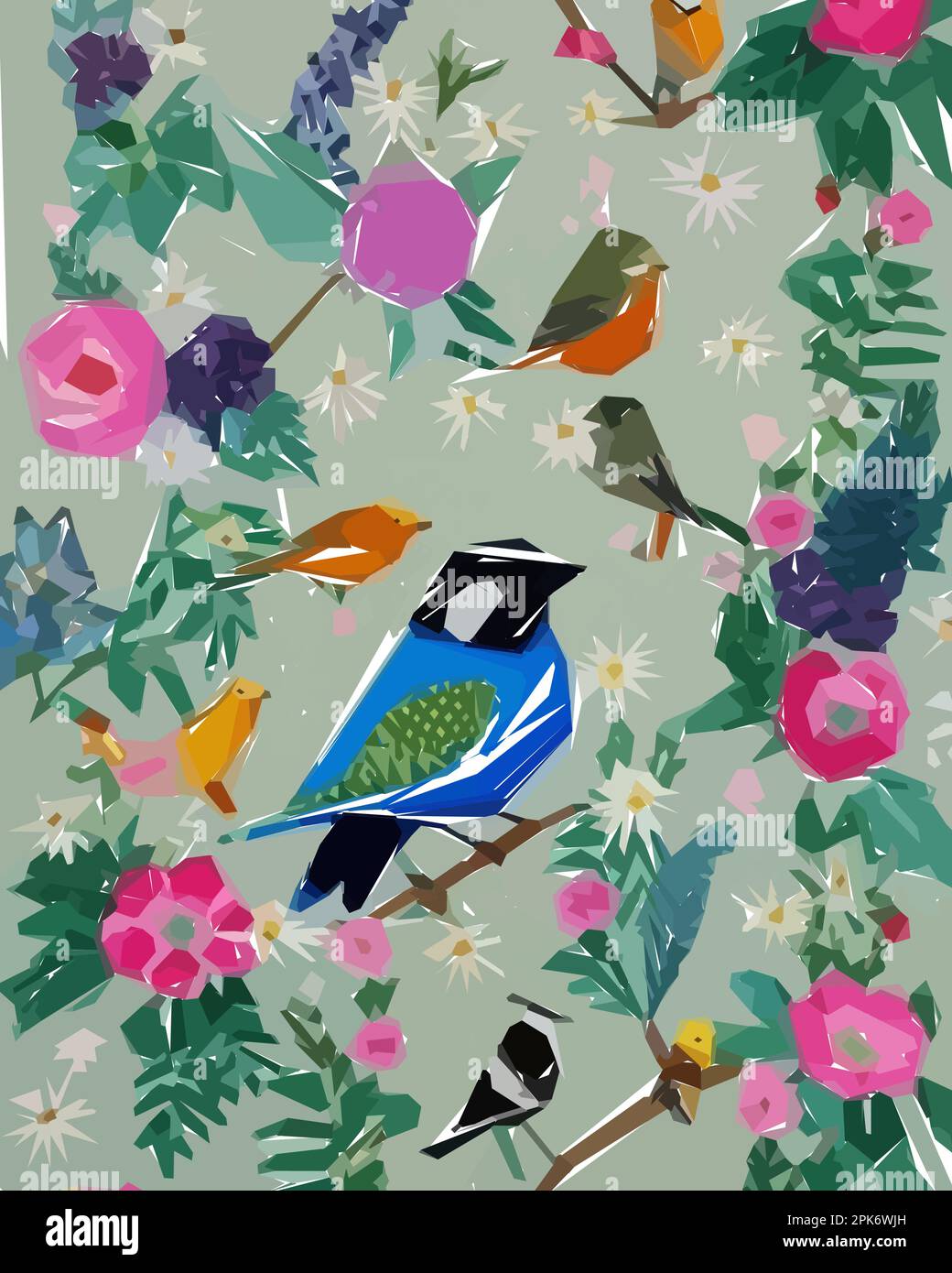 Floral background with flowers, birds and leaves. Vector illustration ...