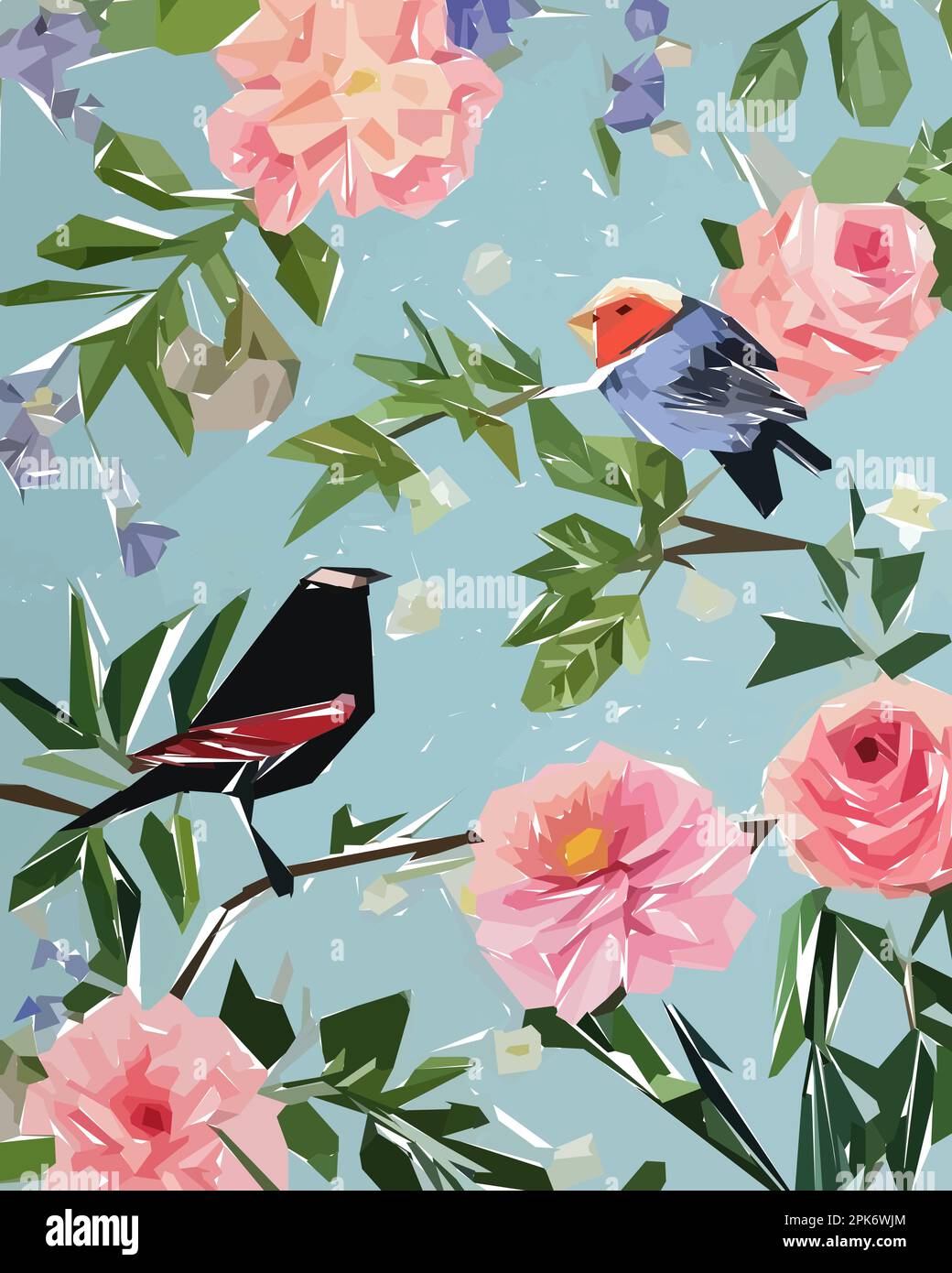 Floral background with flowers, birds and leaves. Vector illustration ...
