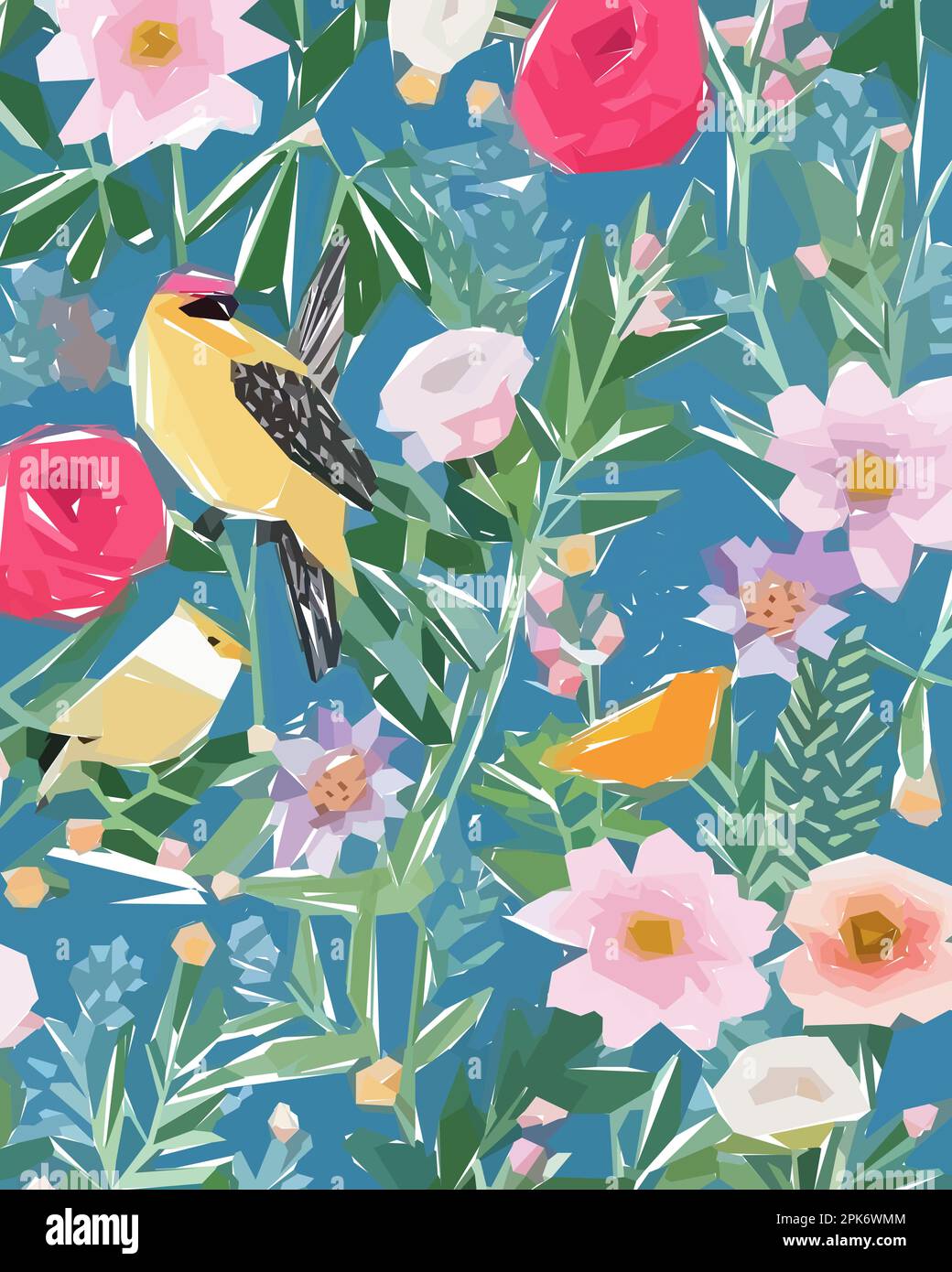 Floral background with flowers, birds and leaves. Vector illustration ...