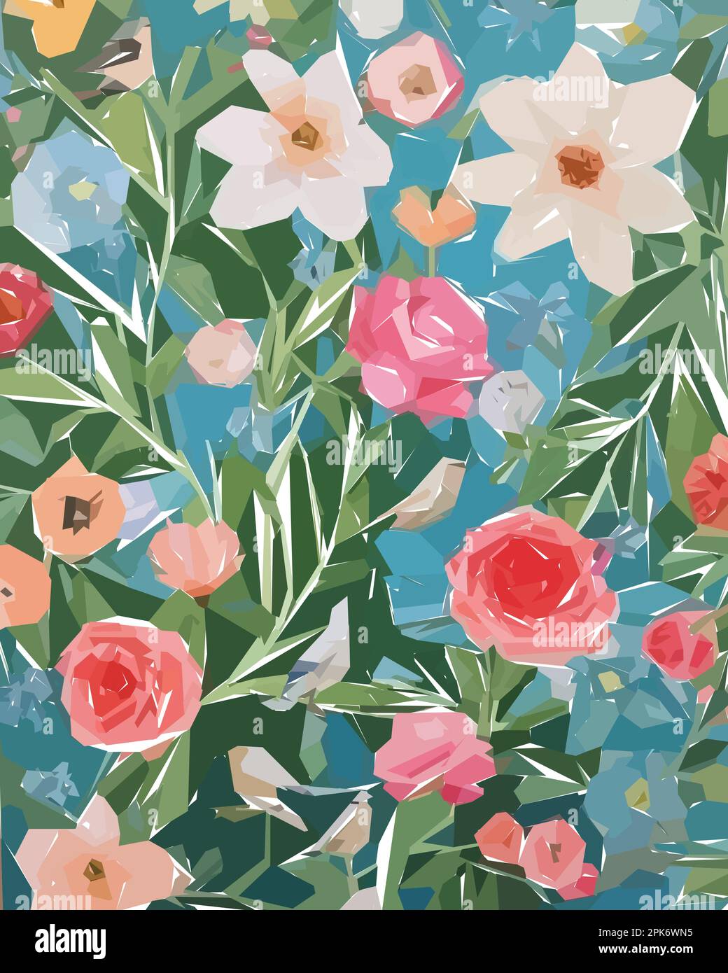 Floral background with flowers, birds and leaves. Vector illustration ...