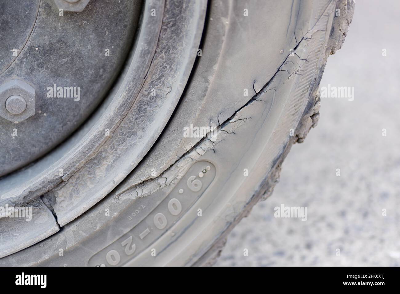 Close up of tire sidewall with damage, Car tire damage at container yard Stock Photo Alamy