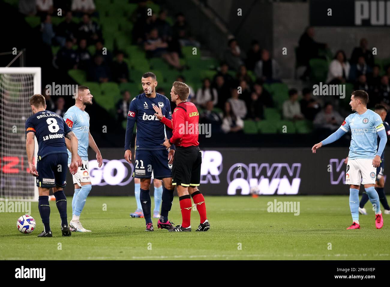 Melbourne, Australia, 5 April, 2023. Referee gestures to Florin