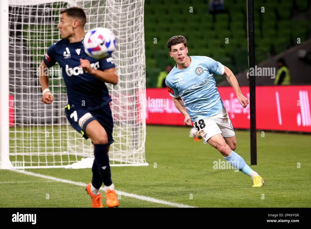 Melbourne, Australia, 5 April, 2023. Jordan Bos of Melbourne City FC during the A-League soccer match between Melbourne City FC and Melbourne Victory at AAMI Park on April 5, 2023 in Melbourne, Australia. Credit: Dave Hewison/Speed Media/Alamy Live News Stock Photo