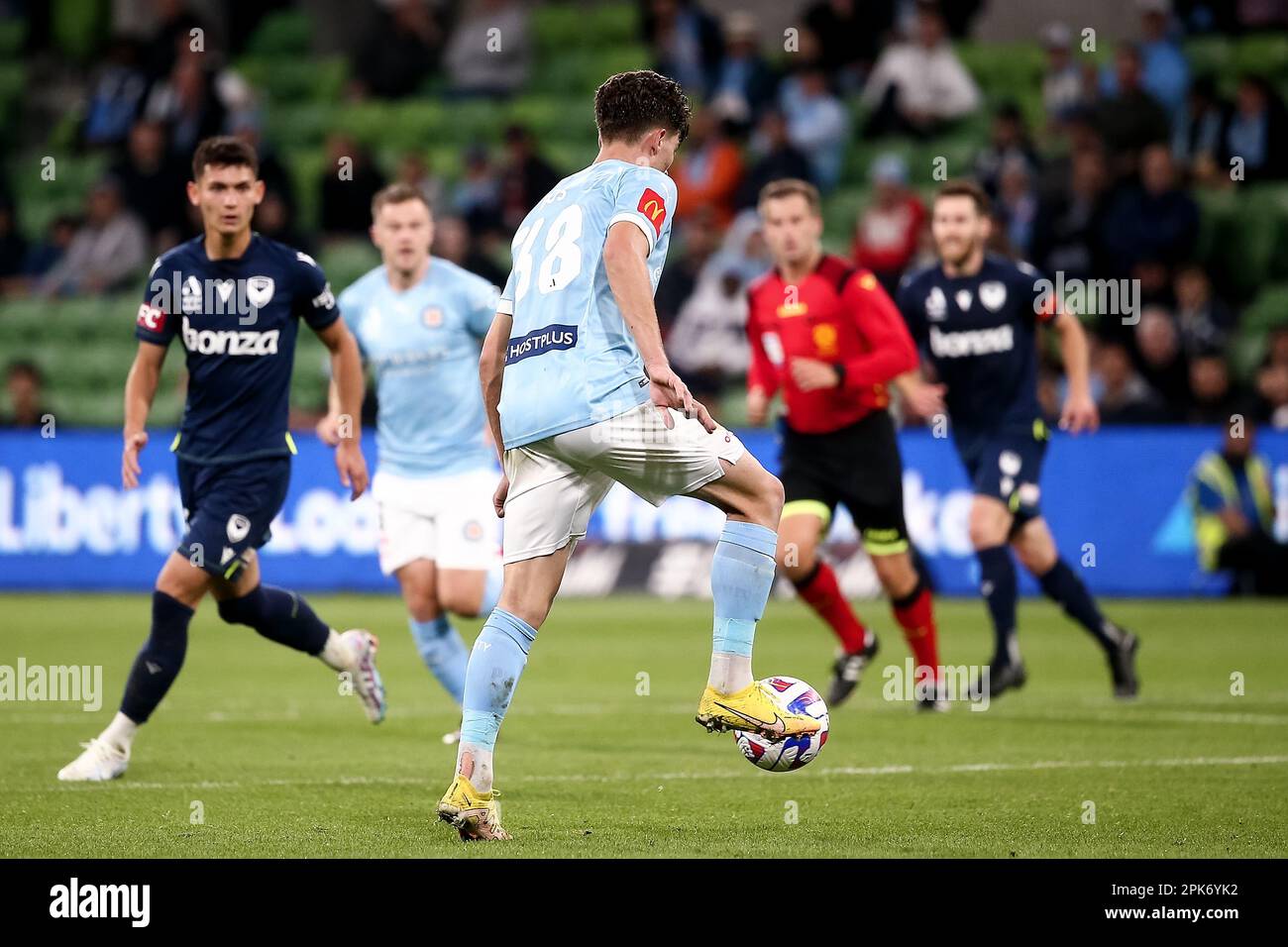 Melbourne, Australia, 5 April, 2023. Jordan Bos of Melbourne City FC controls the ball during the A-League soccer match between Melbourne City FC and Melbourne Victory at AAMI Park on April 5, 2023 in Melbourne, Australia. Credit: Dave Hewison/Speed Media/Alamy Live News Stock Photo