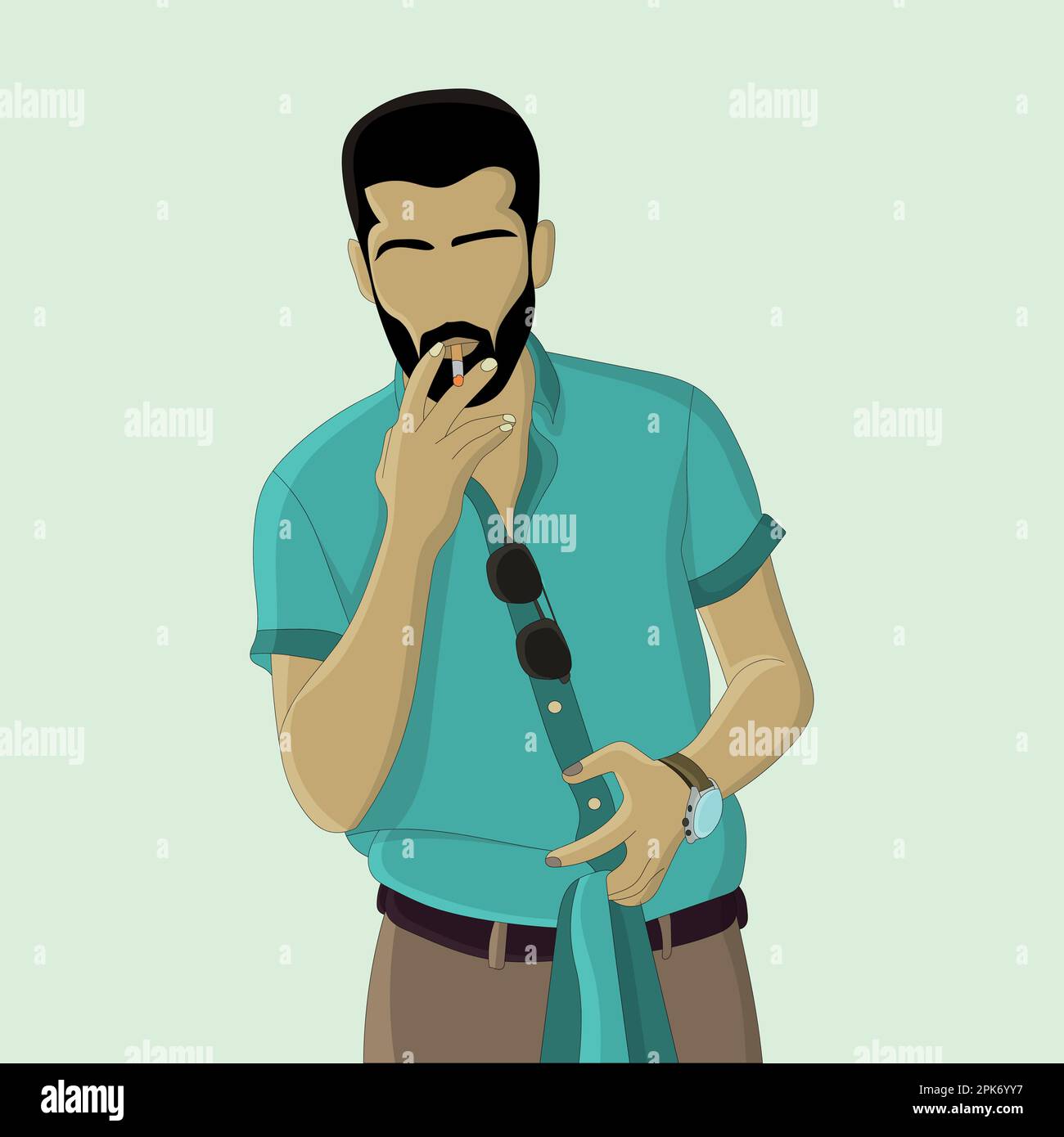 flat design of smoking man with wearing wristwatch Stock Vector