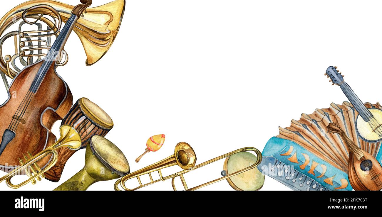 Board of variouse musical instruments and symbol watercolor